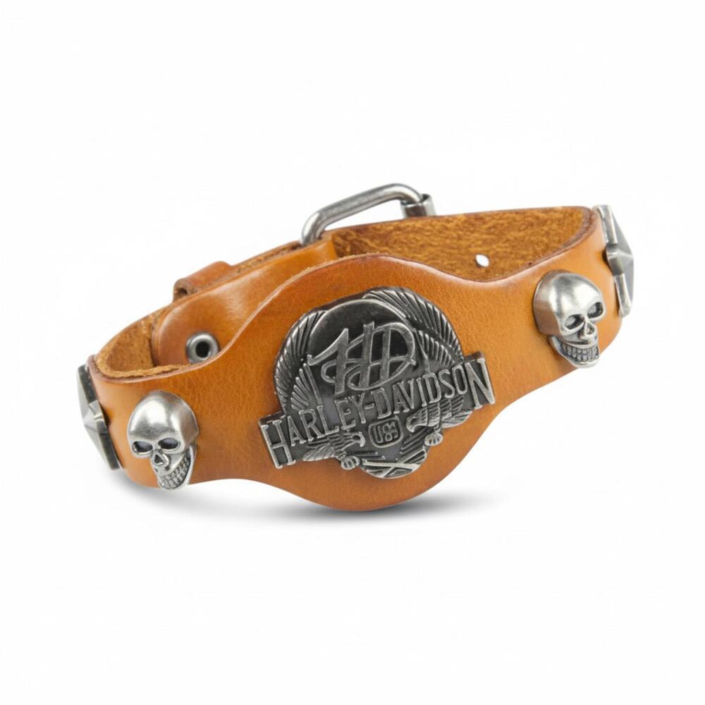 Harley-Davidson Tan Leather Biker Wristband - Studded Skull Stars Cuff Bracelet